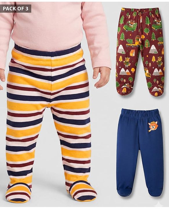 Babyhug Interlock Cotton Knit Bootie Leggings With Stripes & Animal Print Pack Of 3 - Multicolour