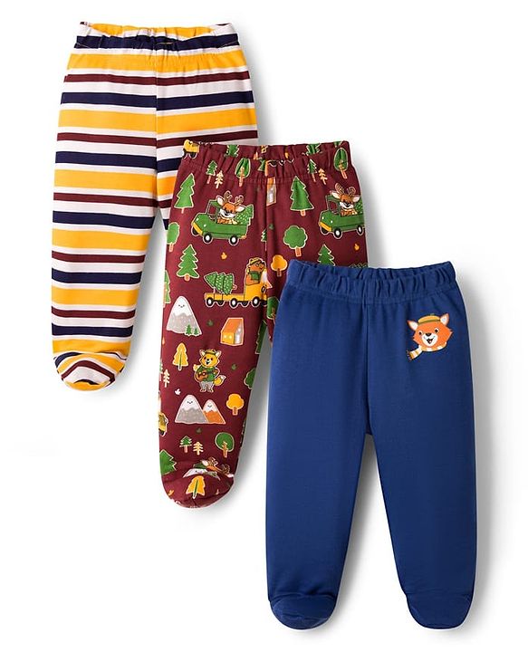 Babyhug Interlock Cotton Knit Bootie Leggings With Stripes & Animal Print Pack Of 3 - Multicolour