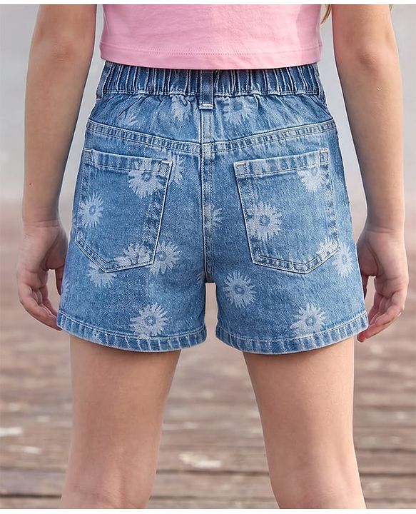 Pine Kids Denim Woven Shorts With Floral Print - Blue