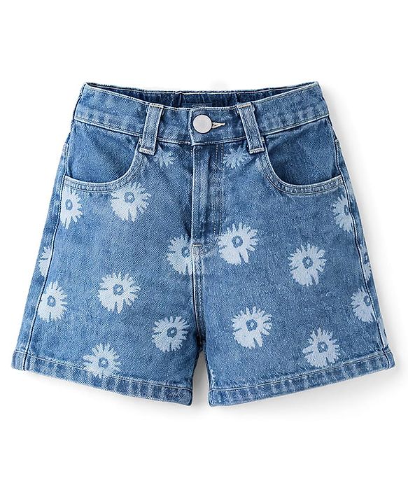 Pine Kids Denim Woven Shorts With Floral Print - Blue