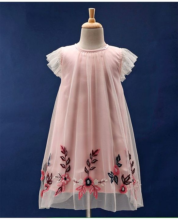 Babyhug Flutter Sleeves Party Wear Frock Floral Embroidery - Peach