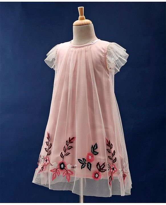 Babyhug Flutter Sleeves Party Wear Frock Floral Embroidery - Peach