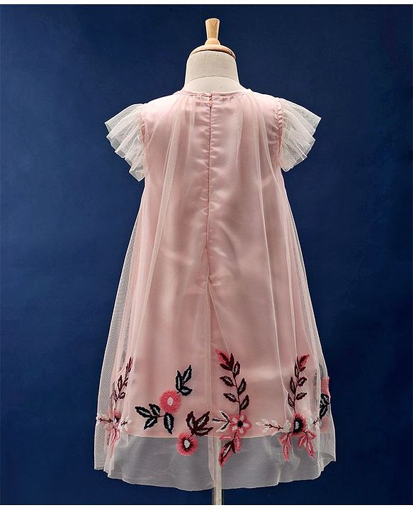 Babyhug Flutter Sleeves Party Wear Frock Floral Embroidery - Peach