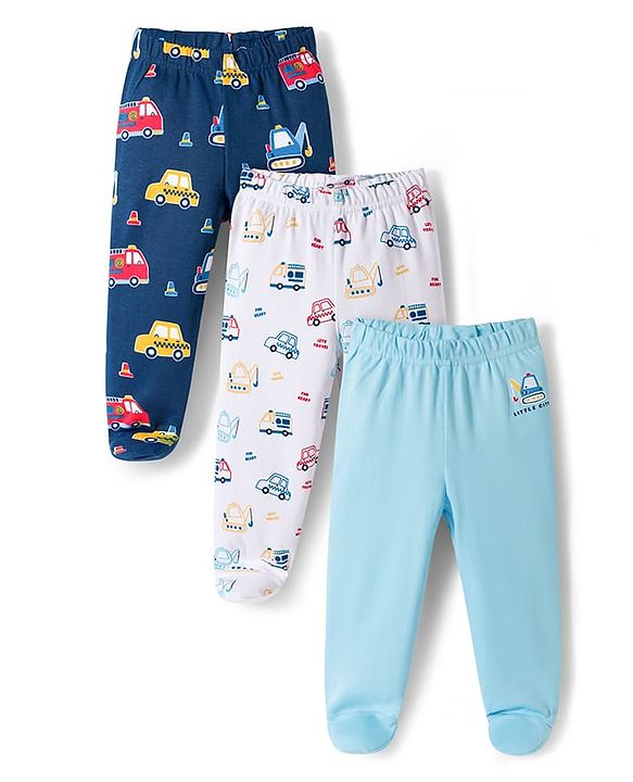 Babyhug Interlock Knit Footed Vehicle Printed Bootie Leggings Pack of 3 - Blue Navy & White