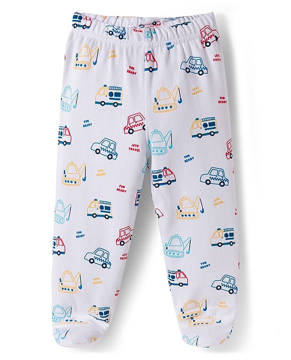 Babyhug Interlock Knit Footed Vehicle Printed Bootie Leggings Pack of 3 - Blue Navy & White