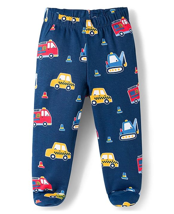 Babyhug Interlock Knit Footed Vehicle Printed Bootie Leggings Pack of 3 - Blue Navy & White