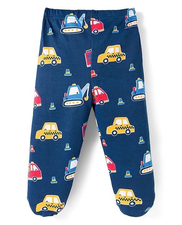 Babyhug Interlock Knit Footed Vehicle Printed Bootie Leggings Pack of 3 - Blue Navy & White