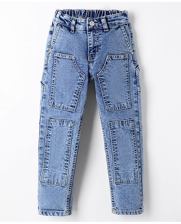 Pine Kids Denim Woven Full Length Solid Color Jeans with Patch Detailing - Blue