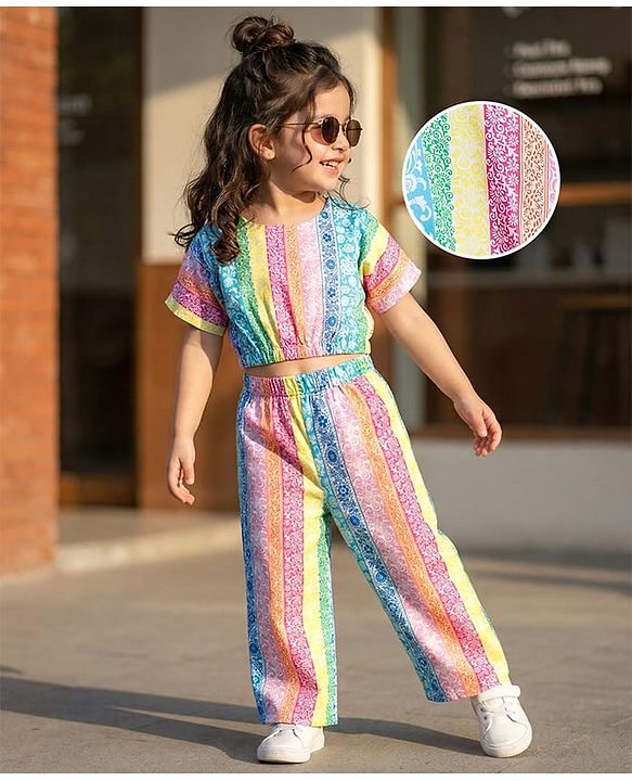 Babyhug Cotton Woven Half Sleeves Top & Lounge Pant Co-ord Set With Floral Print - Multicolor