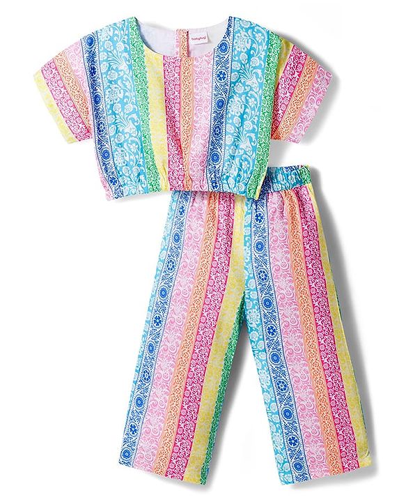 Babyhug Cotton Woven Half Sleeves Top & Lounge Pant Co-ord Set With Floral Print - Multicolor