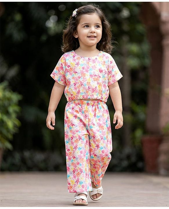 Babyhug Cotton Woven Half Sleeves Floral Printed Co-ord Top & Pant Set - White & Pink