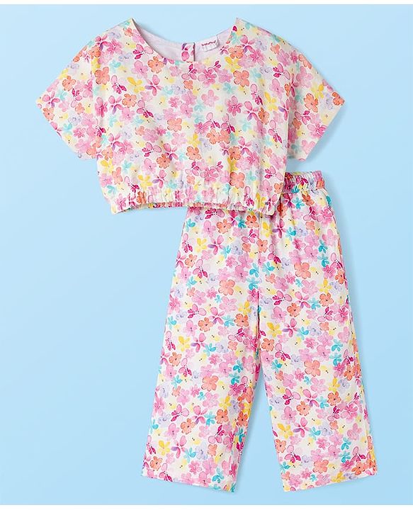 Babyhug Cotton Woven Half Sleeves Floral Printed Co-ord Top & Pant Set - White & Pink
