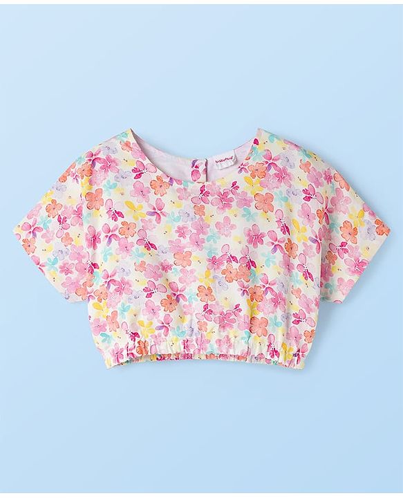 Babyhug Cotton Woven Half Sleeves Floral Printed Co-ord Top & Pant Set - White & Pink