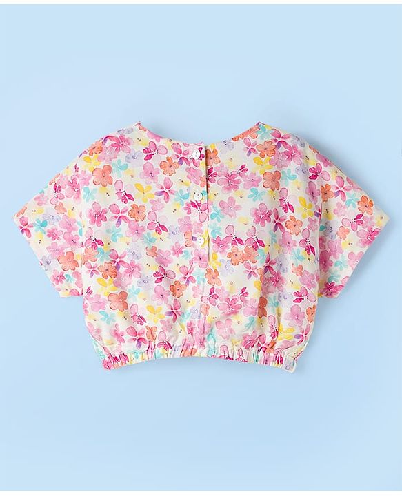 Babyhug Cotton Woven Half Sleeves Floral Printed Co-ord Top & Pant Set - White & Pink