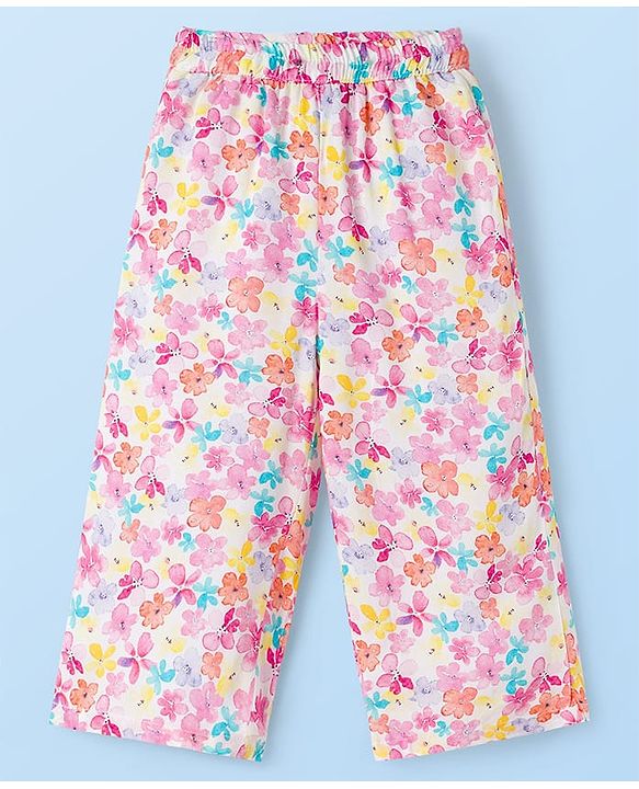 Babyhug Cotton Woven Half Sleeves Floral Printed Co-ord Top & Pant Set - White & Pink