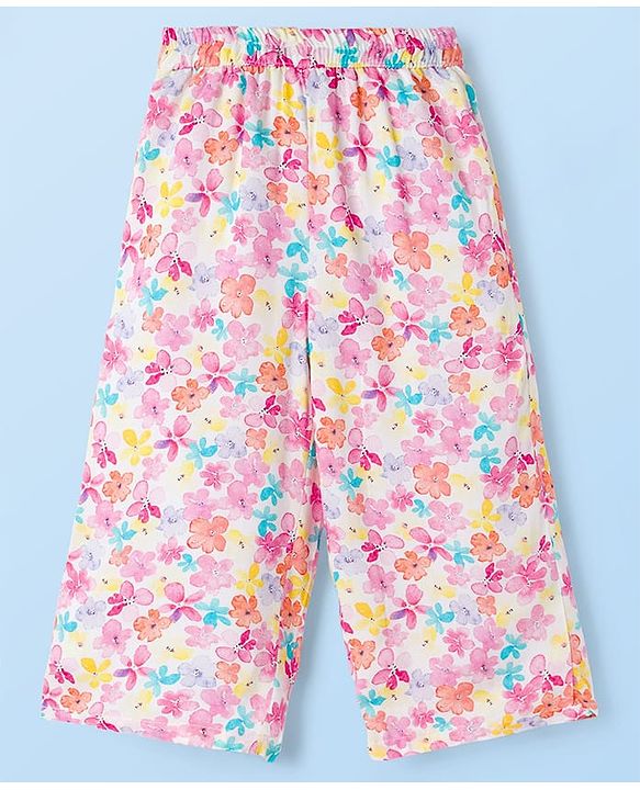 Babyhug Cotton Woven Half Sleeves Floral Printed Co-ord Top & Pant Set - White & Pink
