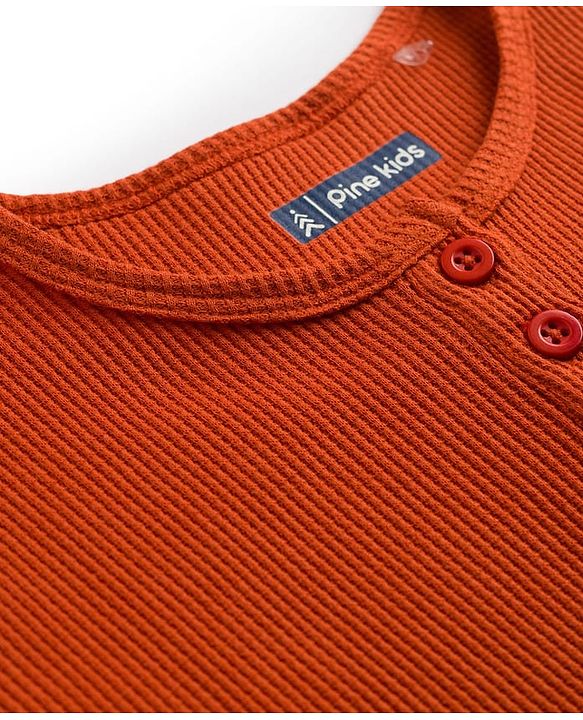 Pine Kids Cotton Blend Knit Half Sleeves Solid Colour Textured T-Shirt - Rust Orange