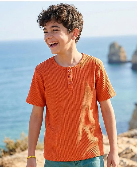 Pine Kids Cotton Blend Knit Half Sleeves Solid Colour Textured T-Shirt - Rust Orange