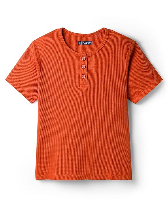 Pine Kids Cotton Blend Knit Half Sleeves Solid Colour Textured T-Shirt - Rust Orange