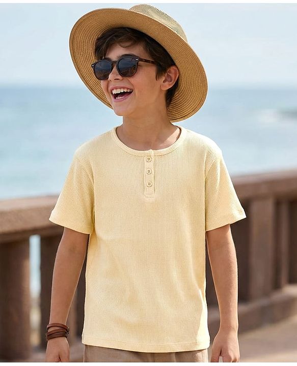 Pine Kids Cotton Blend Knit Half Sleeves Solid Colour Textured T-Shirt - Rust Orange