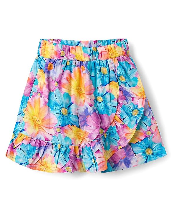 Babyhug Cotton Woven Half Sleeves Floral Printed Top & Skirts Set With Headband - Multicolour