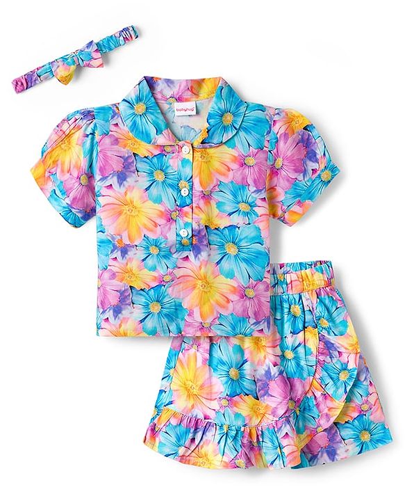 Babyhug Cotton Woven Half Sleeves Floral Printed Top & Skirts Set With Headband - Multicolour