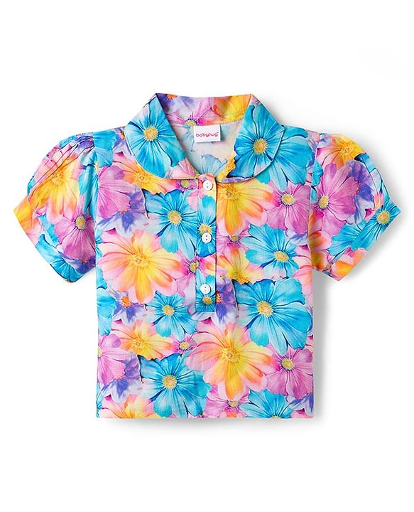 Babyhug Cotton Woven Half Sleeves Floral Printed Top & Skirts Set With Headband - Multicolour