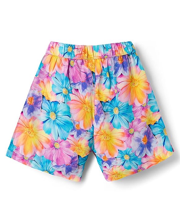 Babyhug Cotton Woven Half Sleeves Floral Printed Top & Skirts Set With Headband - Multicolour