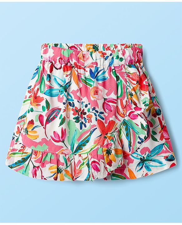 Babyhug Cotton Woven Half Sleeves Floral Printed Top & Skirts Set With Headband - Multicolour