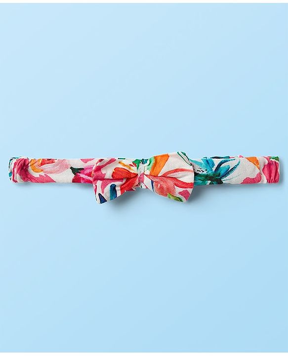 Babyhug Cotton Woven Half Sleeves Floral Printed Top & Skirts Set With Headband - Multicolour