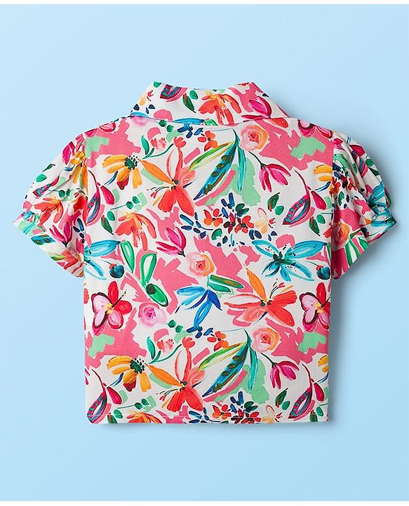 Babyhug Cotton Woven Half Sleeves Floral Printed Top & Skirts Set With Headband - Multicolour