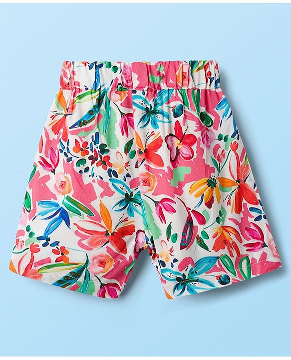 Babyhug Cotton Woven Half Sleeves Floral Printed Top & Skirts Set With Headband - Multicolour