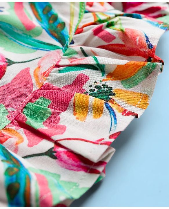 Babyhug Cotton Woven Half Sleeves Floral Printed Top & Skirts Set With Headband - Multicolour