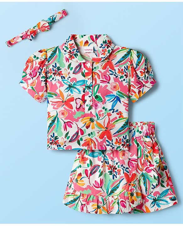 Babyhug Cotton Woven Half Sleeves Floral Printed Top & Skirts Set With Headband - Multicolour