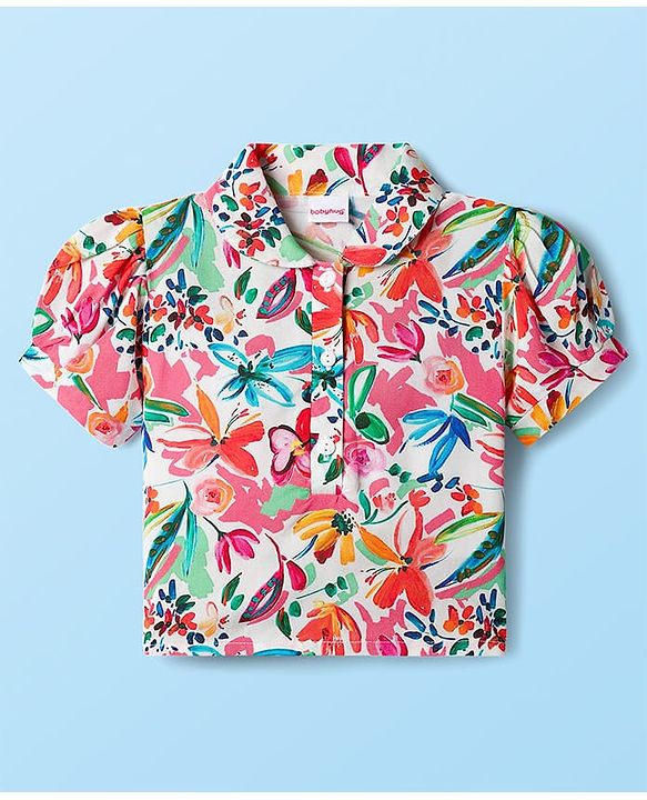 Babyhug Cotton Woven Half Sleeves Floral Printed Top & Skirts Set With Headband - Multicolour