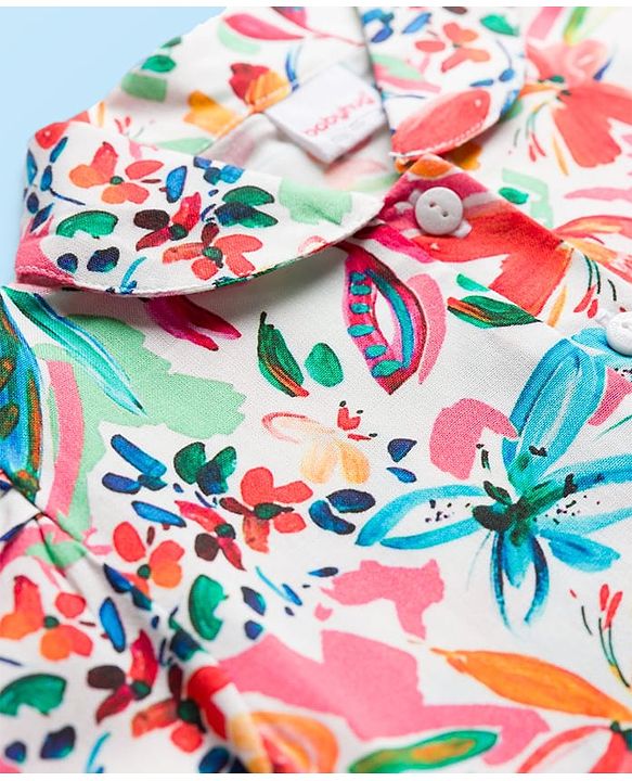 Babyhug Cotton Woven Half Sleeves Floral Printed Top & Skirts Set With Headband - Multicolour