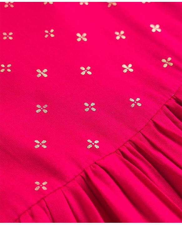 Pine Kids Viscose Woven Sleeveless Floral Foil Printed Ethnic Dress - Dark Pink