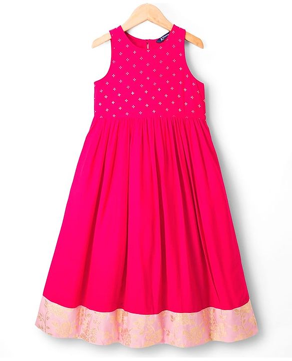 Pine Kids Viscose Woven Sleeveless Floral Foil Printed Ethnic Dress - Dark Pink