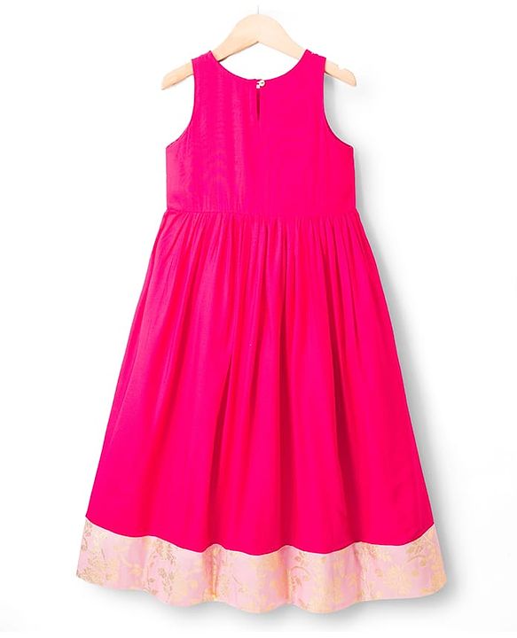 Pine Kids Viscose Woven Sleeveless Floral Foil Printed Ethnic Dress - Dark Pink