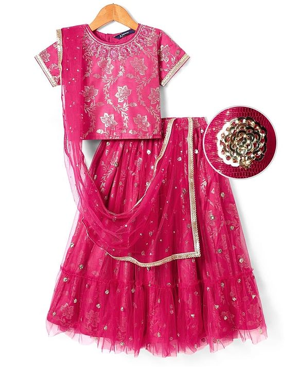 Pine Kids Woven Half Sleeves Choli Lehenga Set with Dupatta Floral Foil Print & Sequin Detailing - Dark Pink
