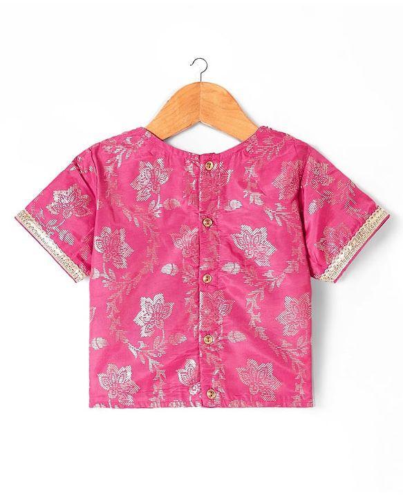 Pine Kids Woven Half Sleeves Choli Lehenga Set with Dupatta Floral Foil Print & Sequin Detailing - Dark Pink