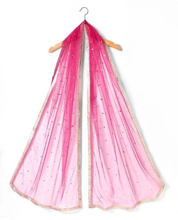 Pine Kids Woven Half Sleeves Choli Lehenga Set with Dupatta Floral Foil Print & Sequin Detailing - Dark Pink