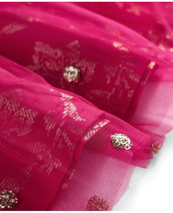 Pine Kids Woven Half Sleeves Choli Lehenga Set with Dupatta Floral Foil Print & Sequin Detailing - Dark Pink