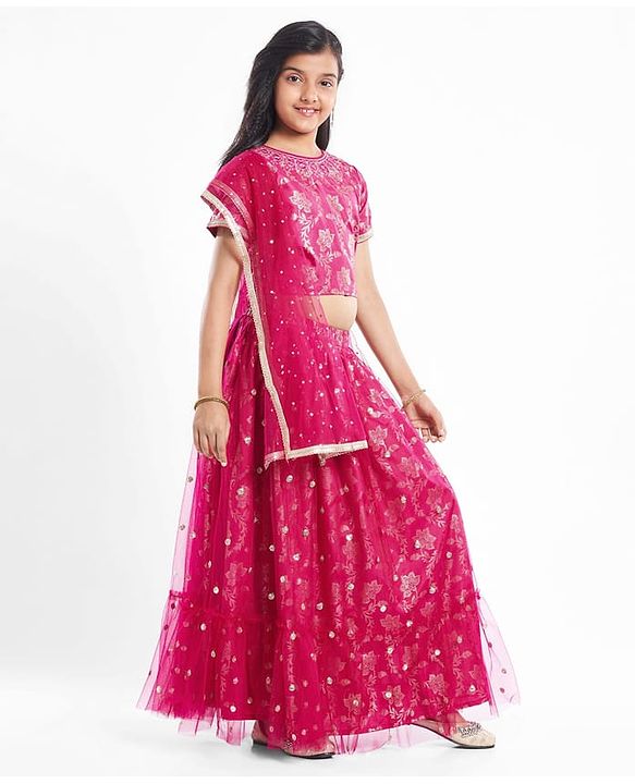 Pine Kids Woven Half Sleeves Choli Lehenga Set with Dupatta Floral Foil Print & Sequin Detailing - Dark Pink