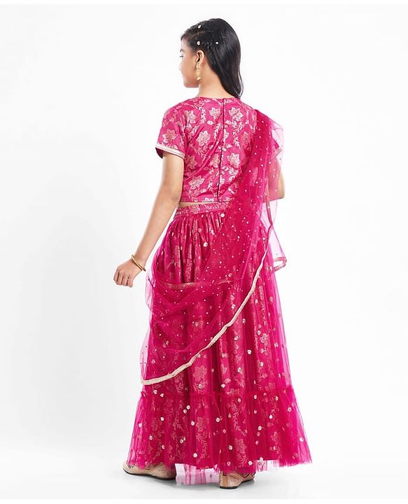 Pine Kids Woven Half Sleeves Choli Lehenga Set with Dupatta Floral Foil Print & Sequin Detailing - Dark Pink