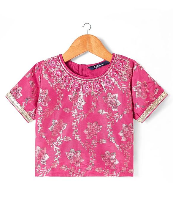 Pine Kids Woven Half Sleeves Choli Lehenga Set with Dupatta Floral Foil Print & Sequin Detailing - Dark Pink