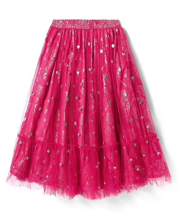 Pine Kids Woven Half Sleeves Choli Lehenga Set with Dupatta Floral Foil Print & Sequin Detailing - Dark Pink