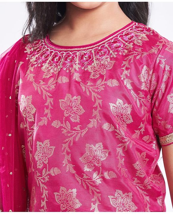 Pine Kids Woven Half Sleeves Choli Lehenga Set with Dupatta Floral Foil Print & Sequin Detailing - Dark Pink