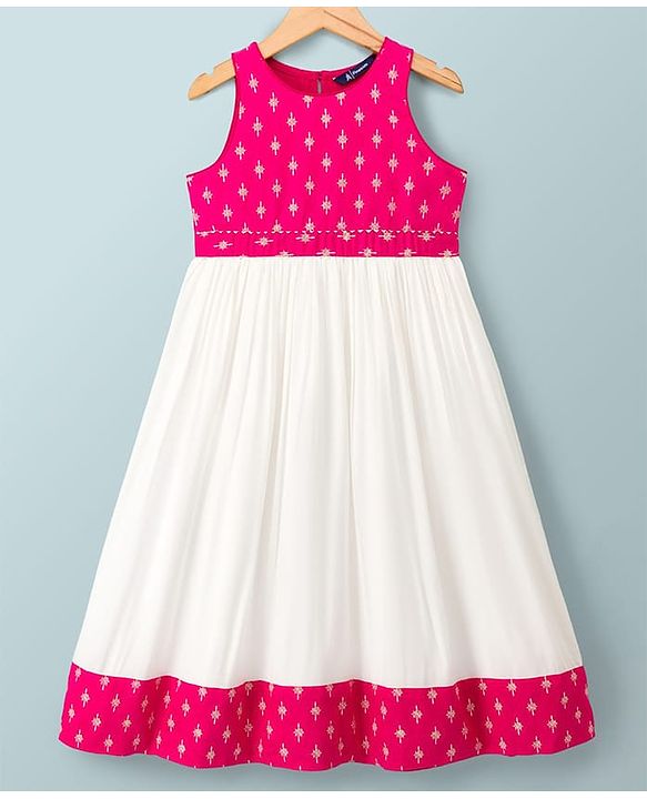 Pine Kids 100% Viscose Woven Sleeveless Floral Printed Ethnic Dress - Dark Pink