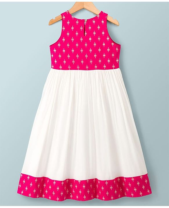 Pine Kids 100% Viscose Woven Sleeveless Floral Printed Ethnic Dress - Dark Pink